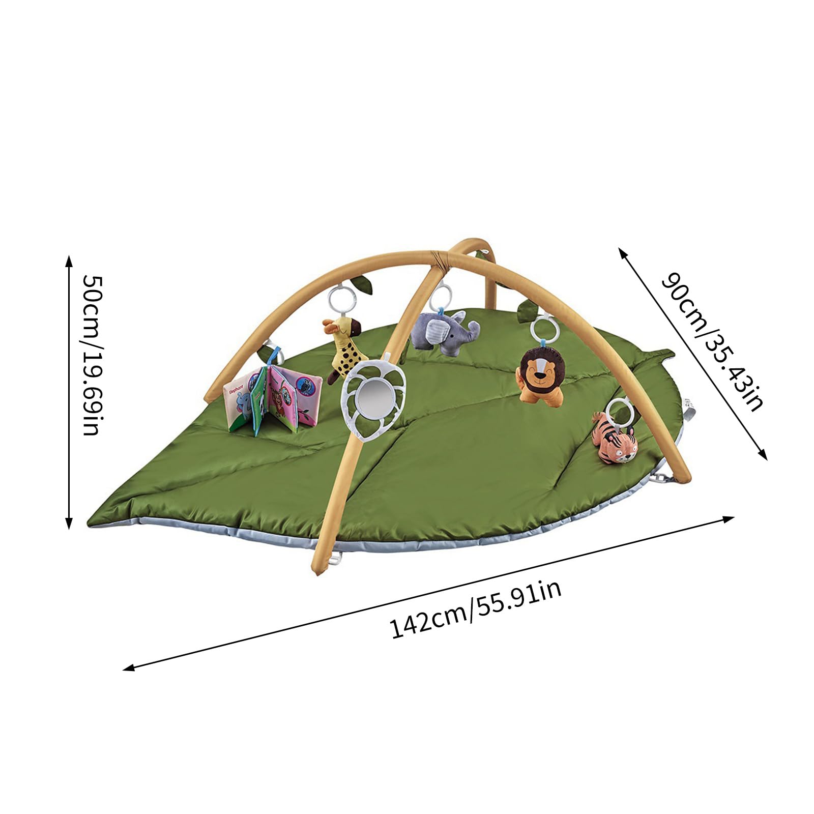 FOLODA Geräumige 142 x 90 cm große Krabbelmatte mit verstellbarem rundem und interaktivem Spielzeug, grüne Spielmatte für Babys