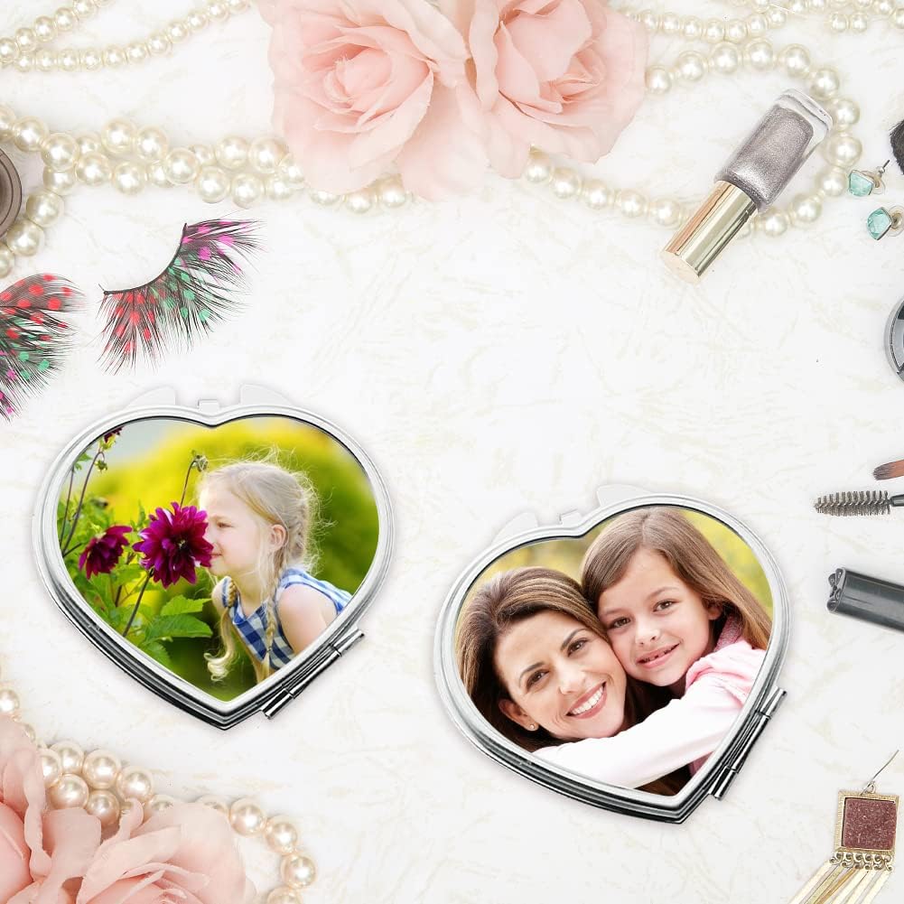 6 Pieces Sublimation Blank Pocket Makeup Mirror Sublimation Metal Compact Mirror Folding Travel Makeup Mirror Heat Transfer Cosmetic Mirror for Women Girls(Heart)