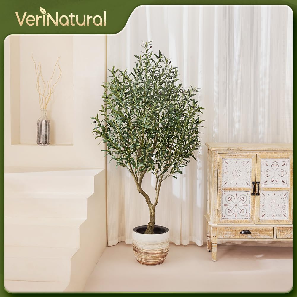 VeriNatural Olivenbaum Künstlich Kunstpflanze 180cm Fake Plant Kunststoffpflanzen Künstlicher Pflanzen – 1638 Blätter & 84 Oliven UV-beständig Stabiler Topf – Deko für Wohnzimmer Balkon Büro