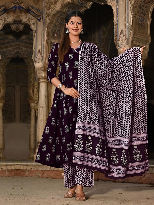 Image of Pinkmint Women's Cotton Blend Indigo Printed Printed Kurta with Pant & Dupatta