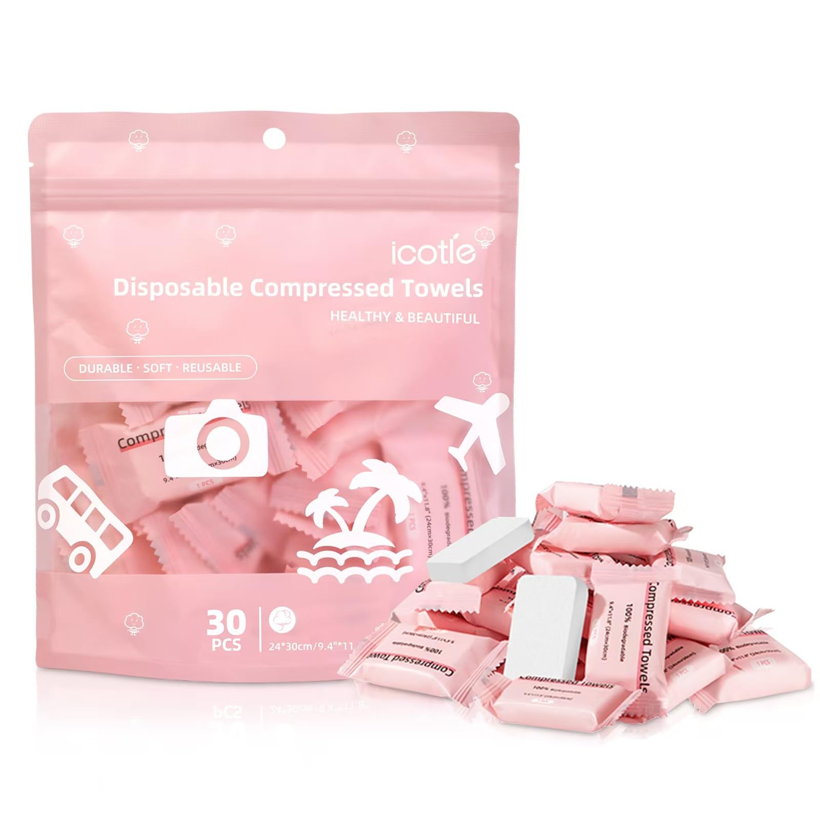 Extra Thick Compressed Face Towels, 30 Pack Disposable Facial Cloths, 9.4"x11.8" Large 90gsm Nonwoven Wipes, Travel Portable, Dry/Wet Use, Soft Lint-Free Cleans