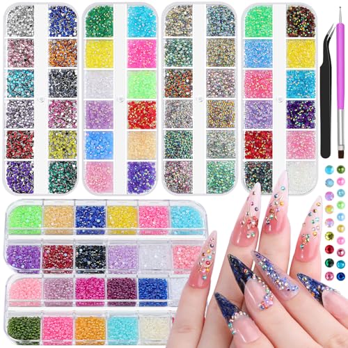 6 Boxes 2mm Nail Art Rhinestones for Bedazzling Kit Mixed-Color Small Jelly Clear AB Rhinestones Decoration Flatback Pearls Nail Accessories with Tweezers and Brush for Nails DIY Tumblers Face Makeup