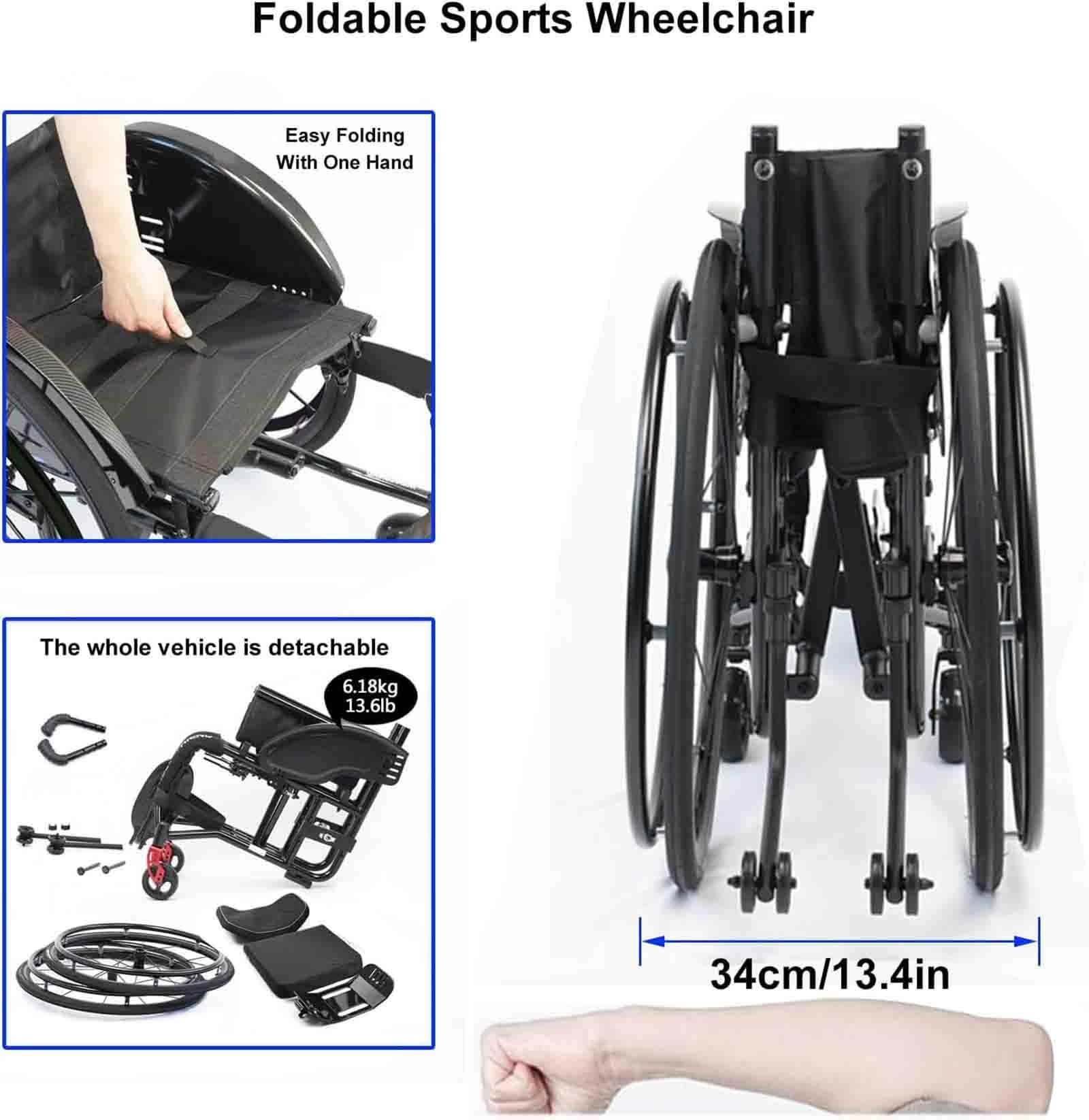 Przenośny wózek inwalidzki, składany terenowy, ultralekki, sportowy, samojezdny, ze stopu aluminium, z ręcznym napędem (fioletowy A, szerokość siedziska 40 cm/15,7 cala)