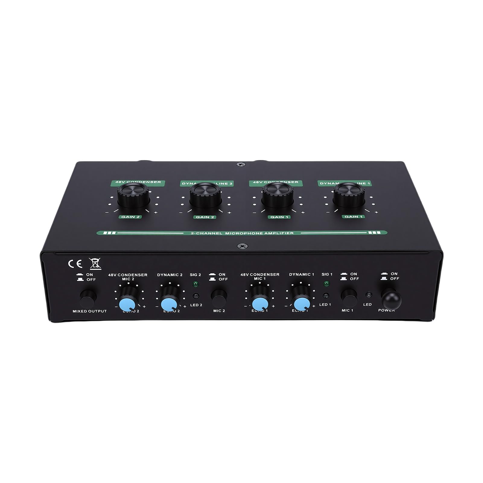 Alimentatore Phantom Professionale, Preamplificatore a Condensatore Dual Channel con Alimentazione 48V, Batteria Integrata da 3200mAh per Microfono Dinamico, Registrazione Studio