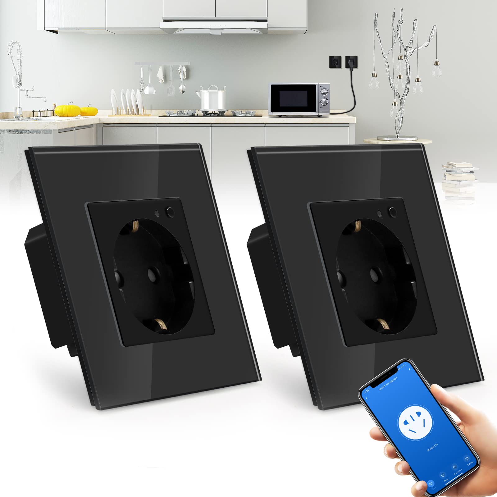 BSEED BSEED Enchufe Pared WiFi,Schuko Enchufe inteligente Compatible con Alexa y Google Home,Control de APP y Función de Temporizador,protección de contacto,16A Negro-2 Paquete