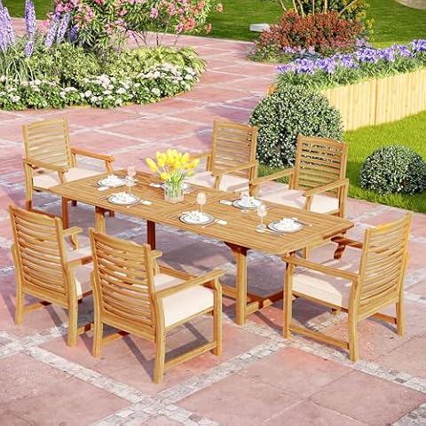 PHI VILLA 7 PCS Acacia Wood Outdoor Dining Set for 6, Expandable Teak Wooden Table & Dining Chairs with Cushions, Farmhouse Dining Furniture Set for Patio, Deck, Yard Cover