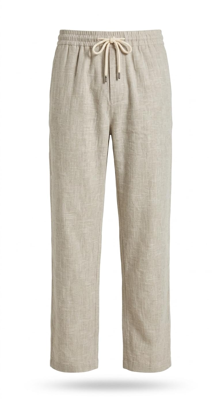 Men's Casual Linen Blend Trousers – Lightweight Breathable Straight-Leg Summer Pants with Adjustable Drawstring and Elastic Waistband(Beige)-image-30