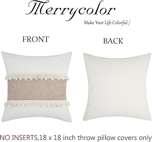 Miniatura 5 de Merrycolor Juego de 2 fundas de almohada bohemias de 18 x 18 pulgadas con borlas, color beige, neutro, fundas de almohada rústicas, fundas de