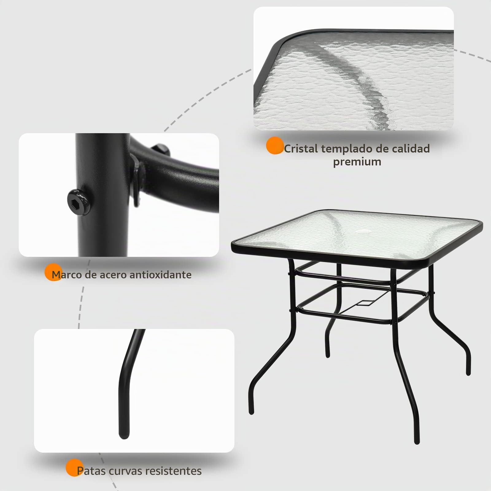 GIANTEX Mesa Cuadrada de Cristal de Exterior, Mesa de Jardín con Agujero para Sombrilla, Mesa de Comedor para Terraza, Jardín, Balcón, Patio (80 x 80 x 71 cm)