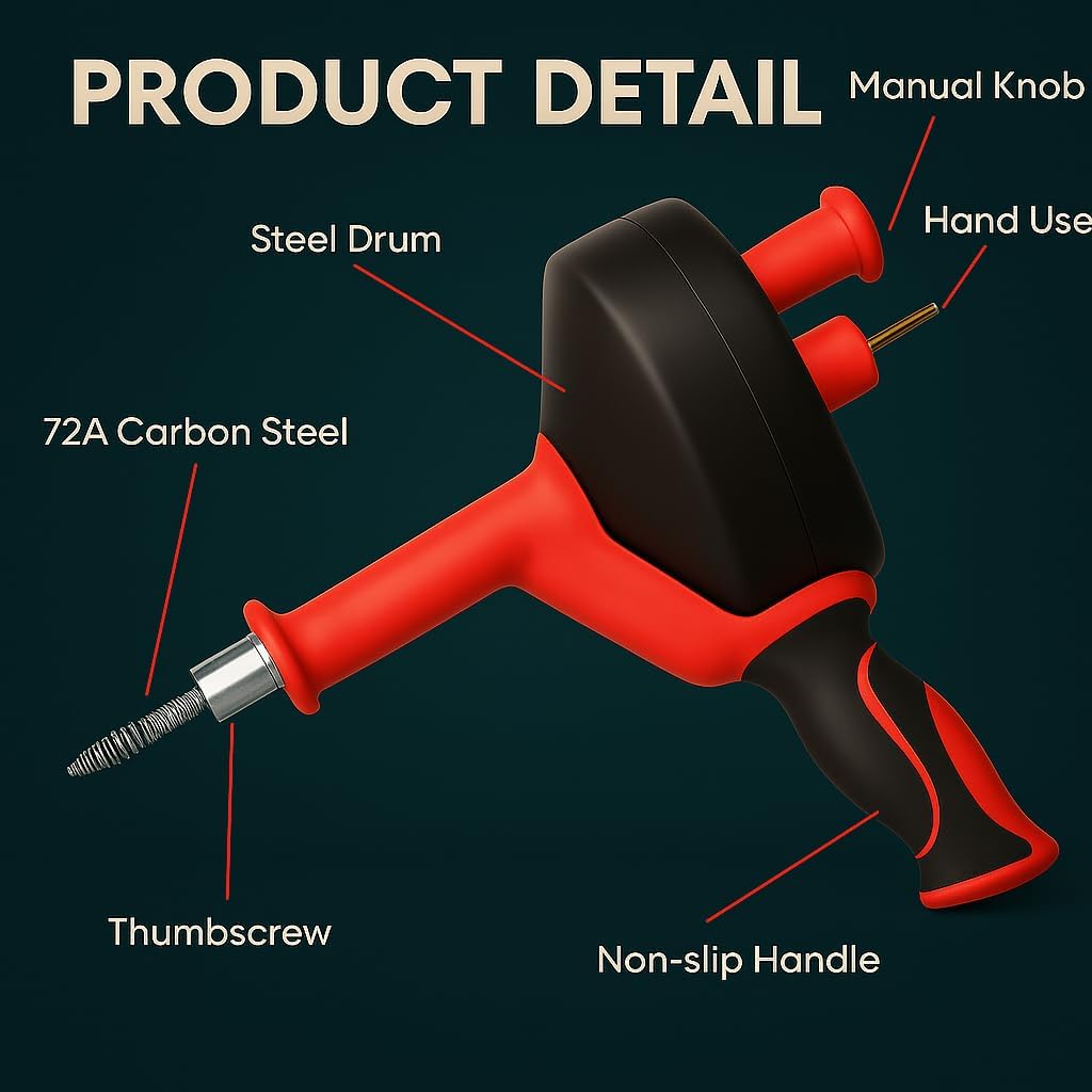 50 FT Drain Snake Hair Drain Clog Remover, Manual Or Powered, Plumbing Snake With Drill Adapte,Unclog Sink Drain Tool, Drain Auger for Toilet、Shower、Kitchen、Sink, No Auto Retract Or Feed, Red