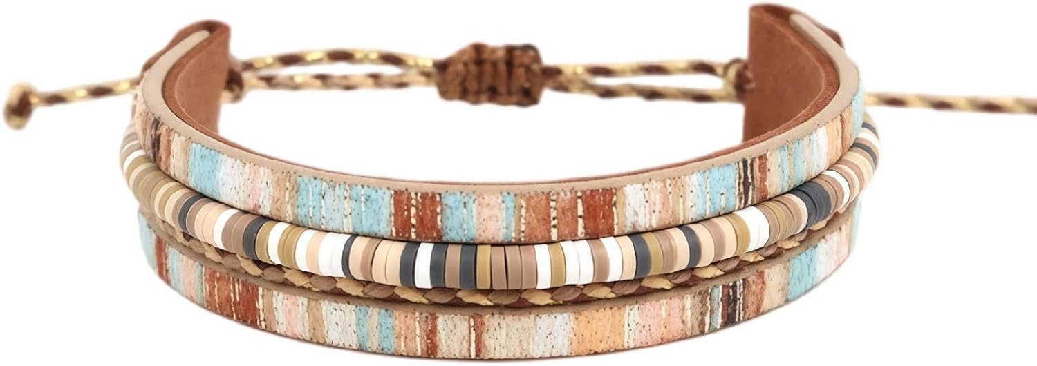 Boho Leather Wrap Bracelets for Women,Stackable Clay Bead Bracelet | Bohemian Leopard Multi-Layer Beads Bracelet,Handmade Bangle Cuff Bracelet Jewelry,Adjustable Western Wrist Fashion Gift
