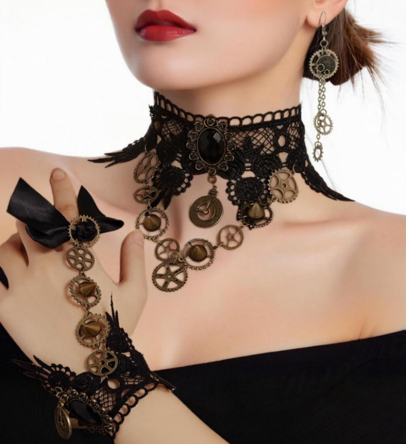 4PCS Black Lace Retro Steampunk Costume Accessories for Women with Gothic choker necklace bracelet Victorian Vampire Accessories - Image 2