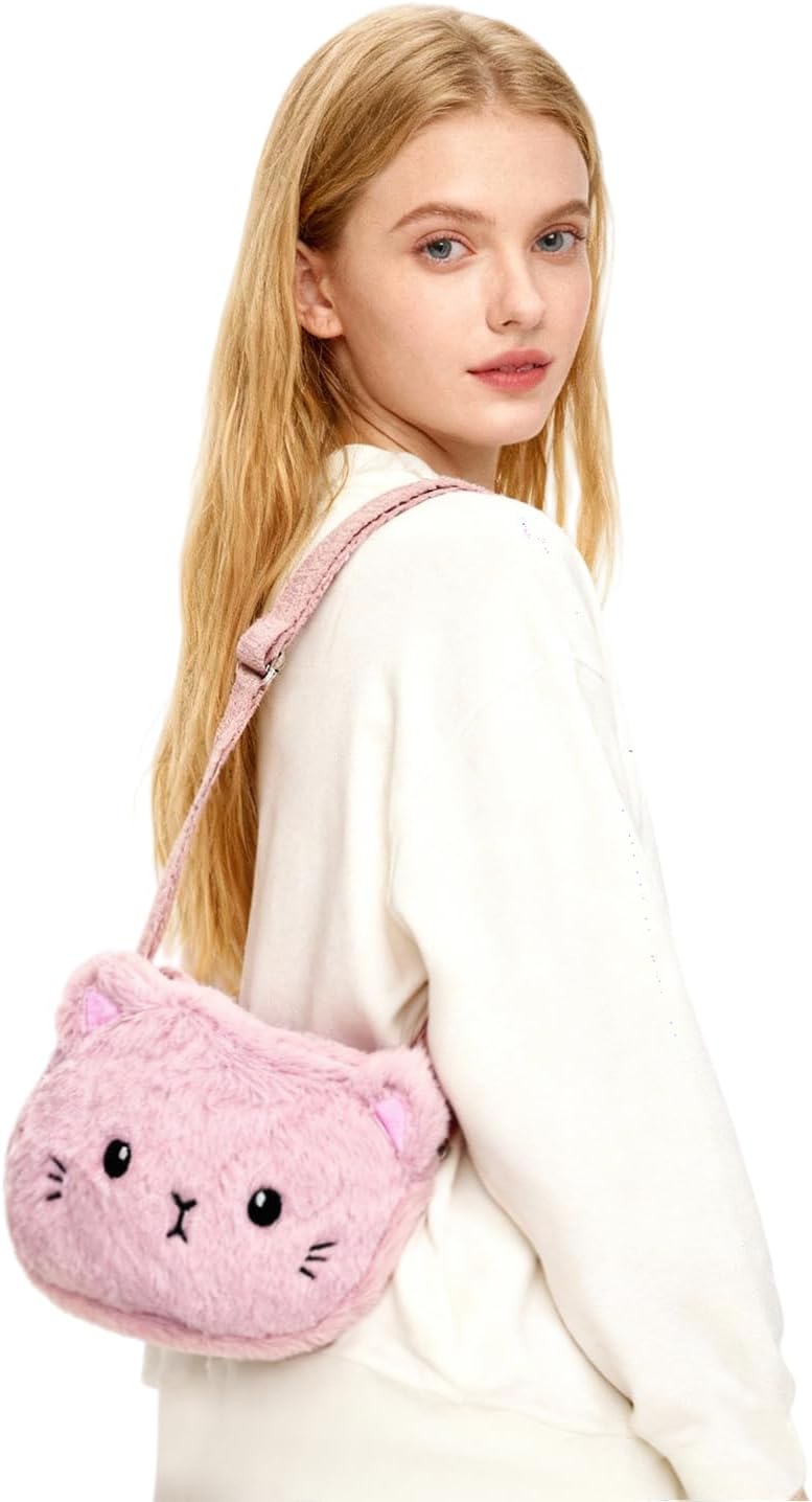Cute Cat Crossbody Purse Pink Small Fluffy Satchel Shoulder Bag Animal Plush Messenger Bag Kawaii Purse for Women - Image 2