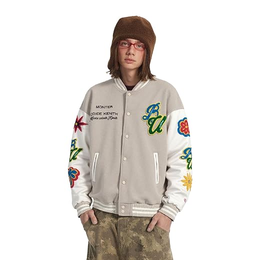Silent Vortex Jaqueta masculina universitária com letras coloridas, estampadas, beisebol, bomber, vintage, streetwear