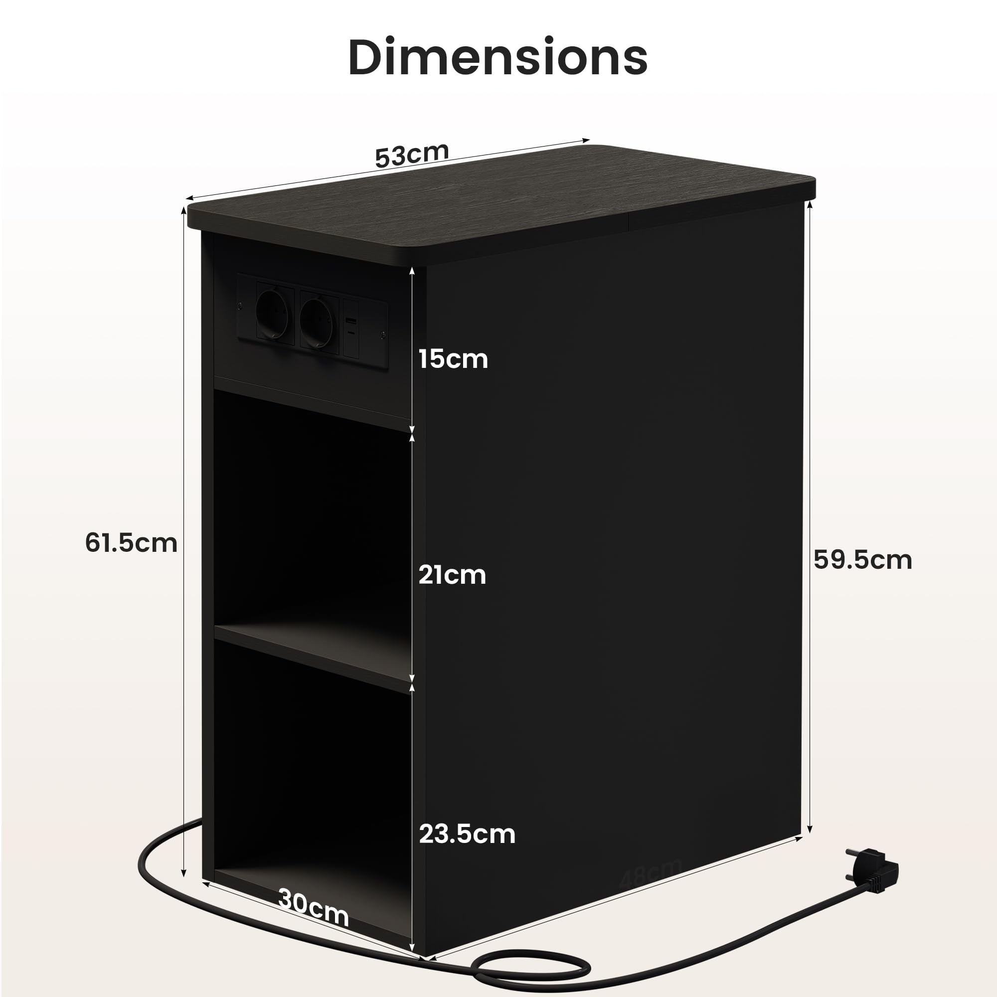 YOUDENOVA Comodini Camera da Letto, Comodino Stretto 30 cm, con Presa Elettrica Integrata, 2 Ripiani a Giorno e Vani Nascosti, Tavolino Salotto per Soggiorno Vamera da Letto, Nero