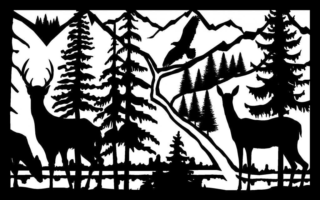 Wilderness Silhouetted Design Balcony Panel 30 X 48 Doe Buck River Eagle Metal