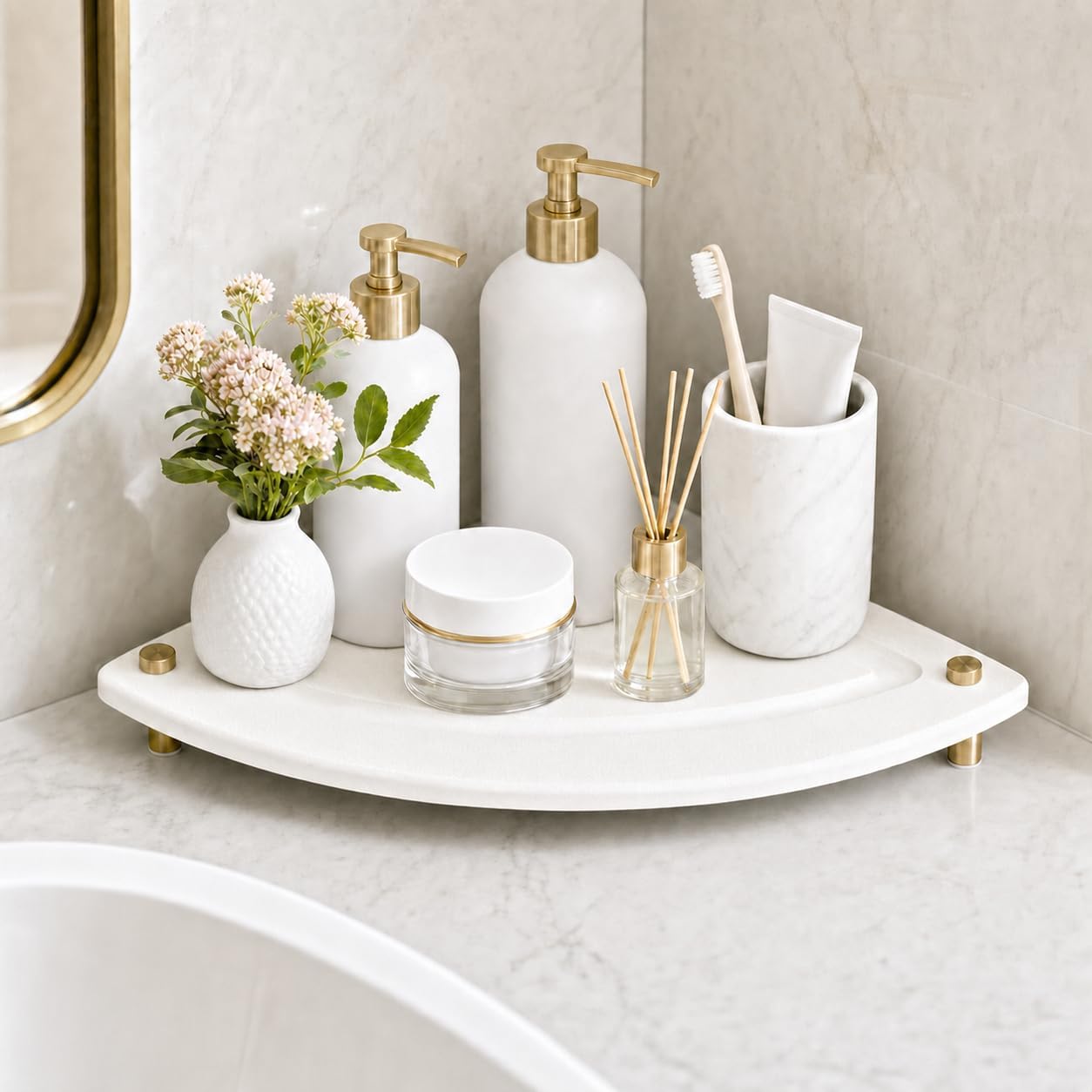 Corner Counter Shelf, Water Absorbing Stone Drying Tray Mat for Kitchen & Bathroom Sink, Diatomaceous Gold Faucet Coaster Soap Dish Rack Riser Dispenser Sponge Holder, White, 8.5" x 8.5"