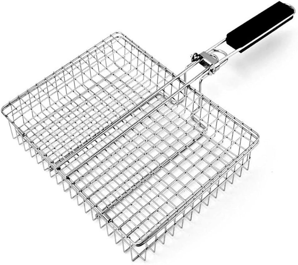 BBQ Grilling Basket, Portable Folding Barbecue Basket, Stainless Steel Outdoor Grilling Net with Detachable Handle for Fish Vegetable Meat Shrimp (31 x 24cm)