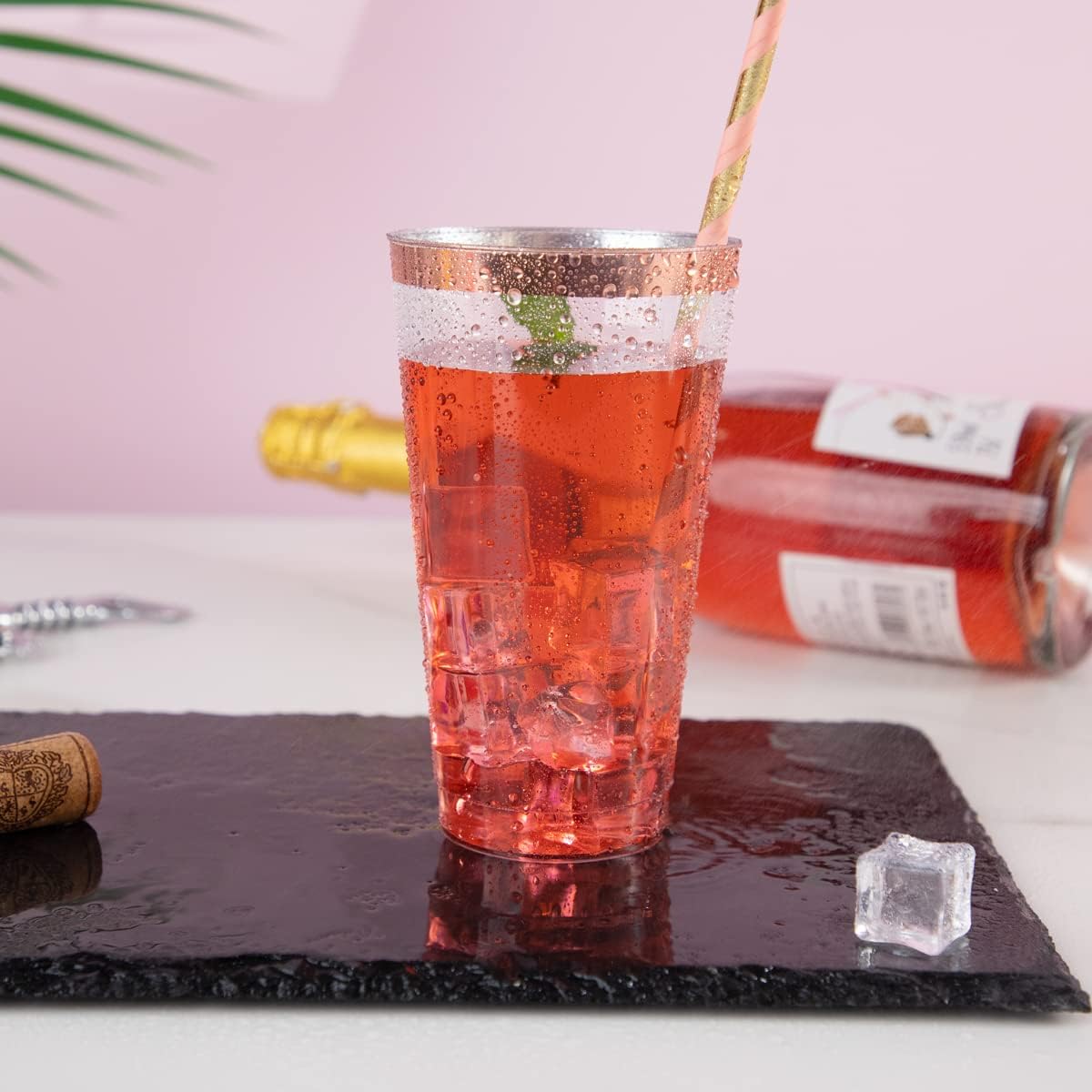 LIYH 100 Pcs Rose Gold Plastic Cups 16 oz - Clear Plastic Tumblers Rose Gold Rimmed Cups Fancy Disposable Wedding Cup Elegant Party Drinking Cup 480ml - Image 2
