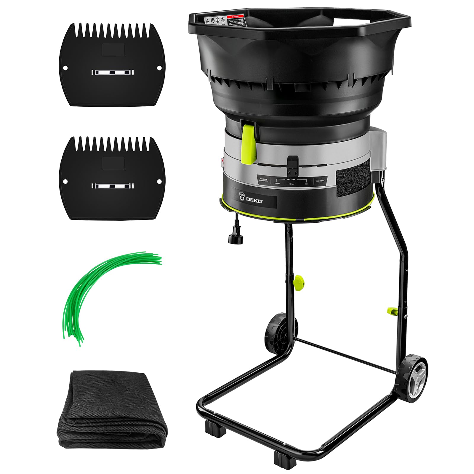 Electric Leaf Mulcher/Shredder: DEKOPRO 15-Amp 8200RPM Motor for 17:1 Reduction Ratio, Adjustable Control Dia with Leaf Scoops Spade, Collection Bag & 20 Cutting Lines