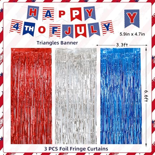 Image of 4th of July Patriotic Decorations, Red White Blue Decorations, 3 Pack Tinsel Foil Fringe Curtains, Banner for Patriotic Party Indoor Outdoor