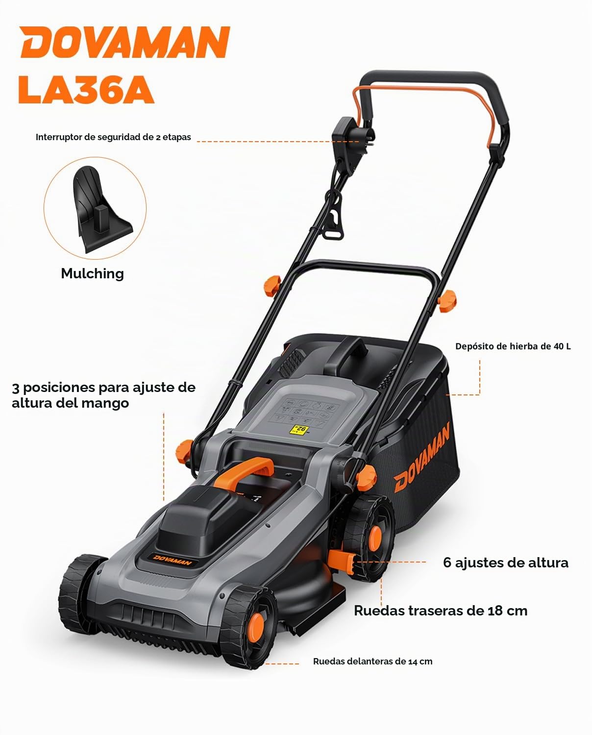 DOVAMAN LA36A Cortacésped Eléctrico 1500W, 36cm Corte, 95% Recogida, Altura 6 Posiciones, Cesto 40L, 2-en-1 Mulching & Recolección, Empuñadura Plegable, Ideal para Jardín & Cuidado del Césped