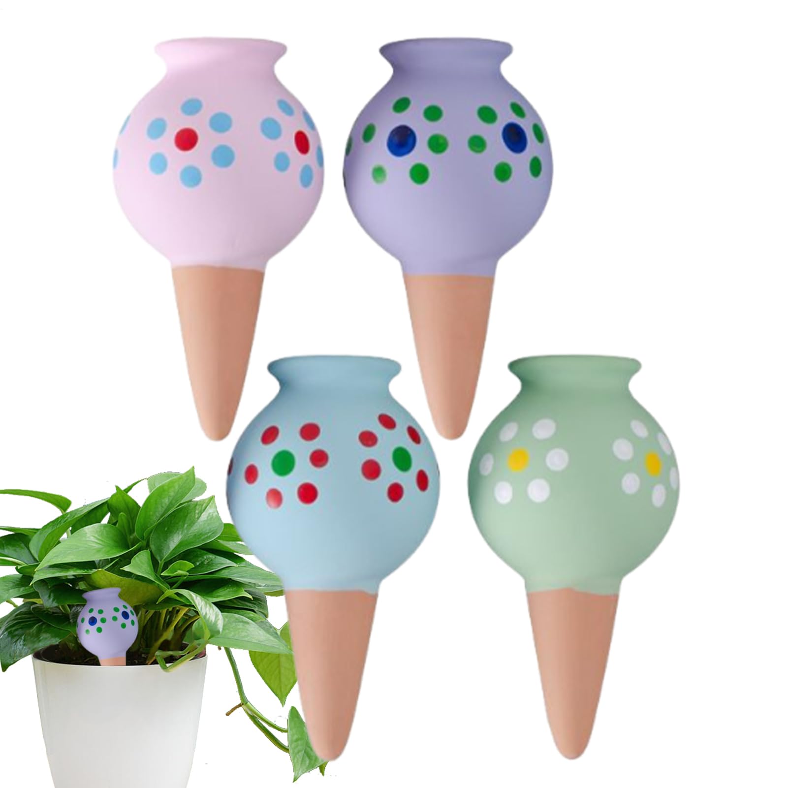 Lot de 4 globes d'arrosage pour plantes - Argile rouge - En terre cuite - Avec pointes d'arrosage automatique - Avec mini goulot de bouteille - Dispositif d'irrigation goutte à goutte - Contrôle