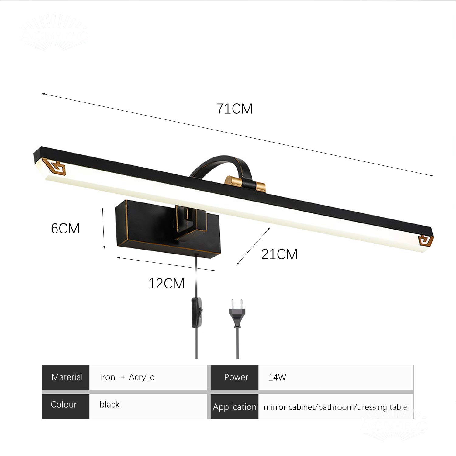 ACMHNC LED Badezimmer Spiegelleuchte Mit Stecker Und Kabel, IP44 Vintage Badleuchte Mit Schalter, Schwarz Antik Spiegellampe Bad Wandleuchte 4000K Schminklicht Für Spiegel Schminktisch,71cm/14w