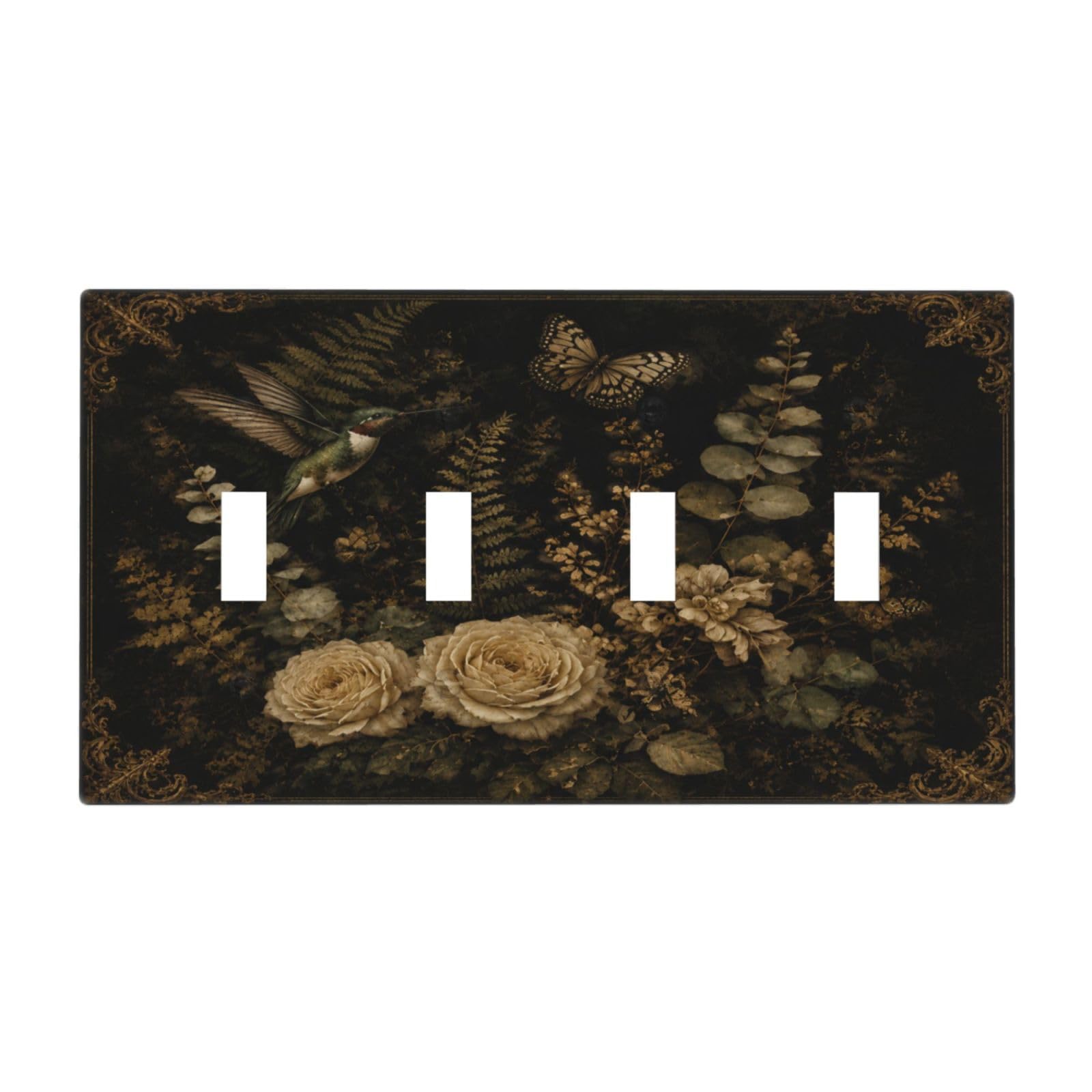 Xuejiaku Decorative Quad Toggle Wall Plate Vintage Botanical Hummingbird & Roses 4 Gang Light Switch Covers Dark Academia Gothic 4 Hole Electrical Outlet Covers Faceplate for Bedroom Home Decor