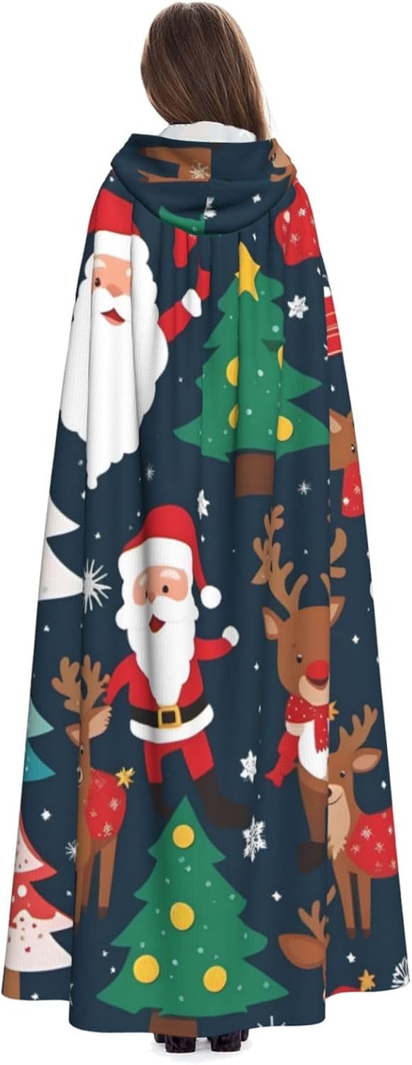 Unisex Full Length Hooded Halloween Christmas Party Robe Cloak Cape Cosplay Costume Men Women Winter Christmas Tree Prints Black