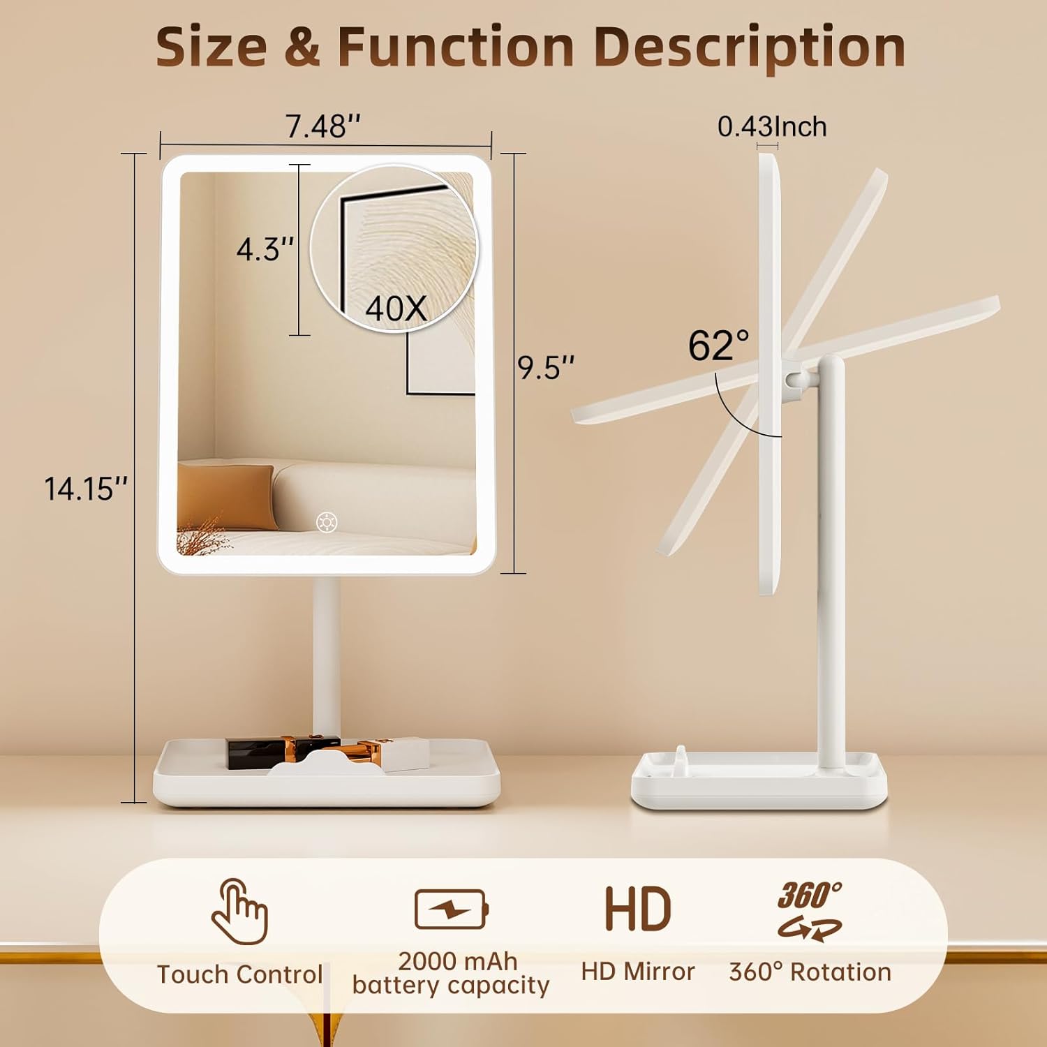 FUNTOUCH Vanity Mirror with Lights, Rechargeable Makeup Mirror with Lights,Smart Touch with 3-Color Lighting, Dimmable, Detachable 40X Magnification for Vanity Desk Tabletop,White