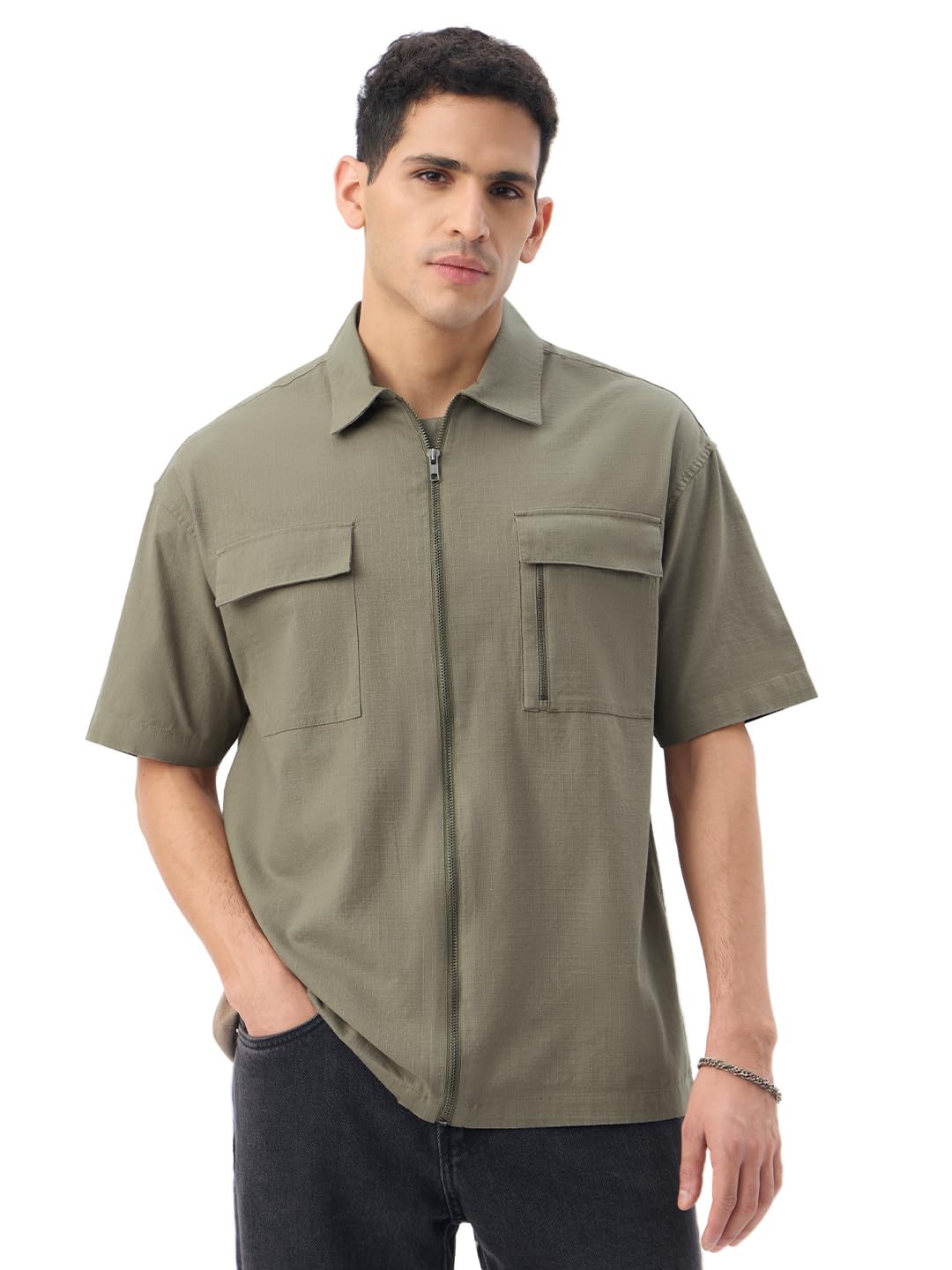 the souled store Zipper Shirt: Men and Boys Short Sleeve Spread Collar Zipper Front Solid Textured Regular Fit Casual Easy to Style Everyday Office Wear Cotton Shirt-picture-17