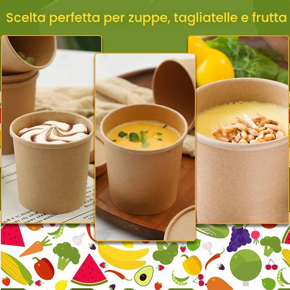 Contenitore per Alimenti da Asporto, 25 Pezzi Scatola di Zuppa, Scatole di Pasta, Ciotole Insalata, Con Copertina di Carta, A Prova di Acqua e Olio, per Ristorante Catering e Feste(26oz/800ml)