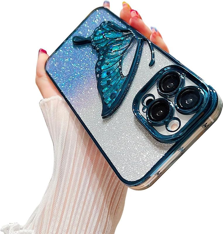 Image of MIDOS Thermoplastic Polyurethane Designed Compatible With iPhone 14 Pro Max Case With Glitter Cute Butterfly Plating Design Aesthetic Women Girls Cover For iPhone 14 Pro Max (Blue)