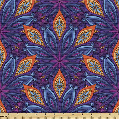 Image of Ambesonne Mandala Fabric by The Yard, Vibrant Colored Floral Pattern Eastern Style Vintage Art Desin Print, Decorative Fabric for Upholstery and Home Accents, 1 Yard, Orange Blue