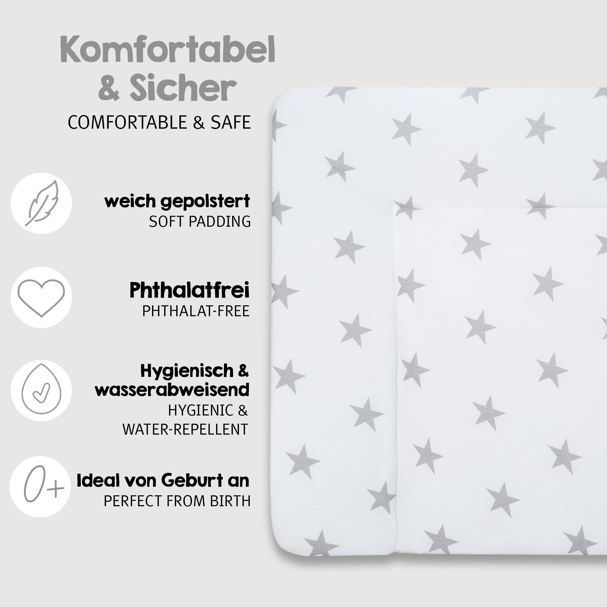 roba Matelas à Langer Nettoyable 85 x 75 cm Little Stars - Bords Rehaussés - pour Table à Langer - Sans Phtalate - Motif Étoiles Grises sur Fond Blanc