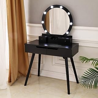 Dressing Table with Single Round Mirror with Bulb & 4 Drawers Black
