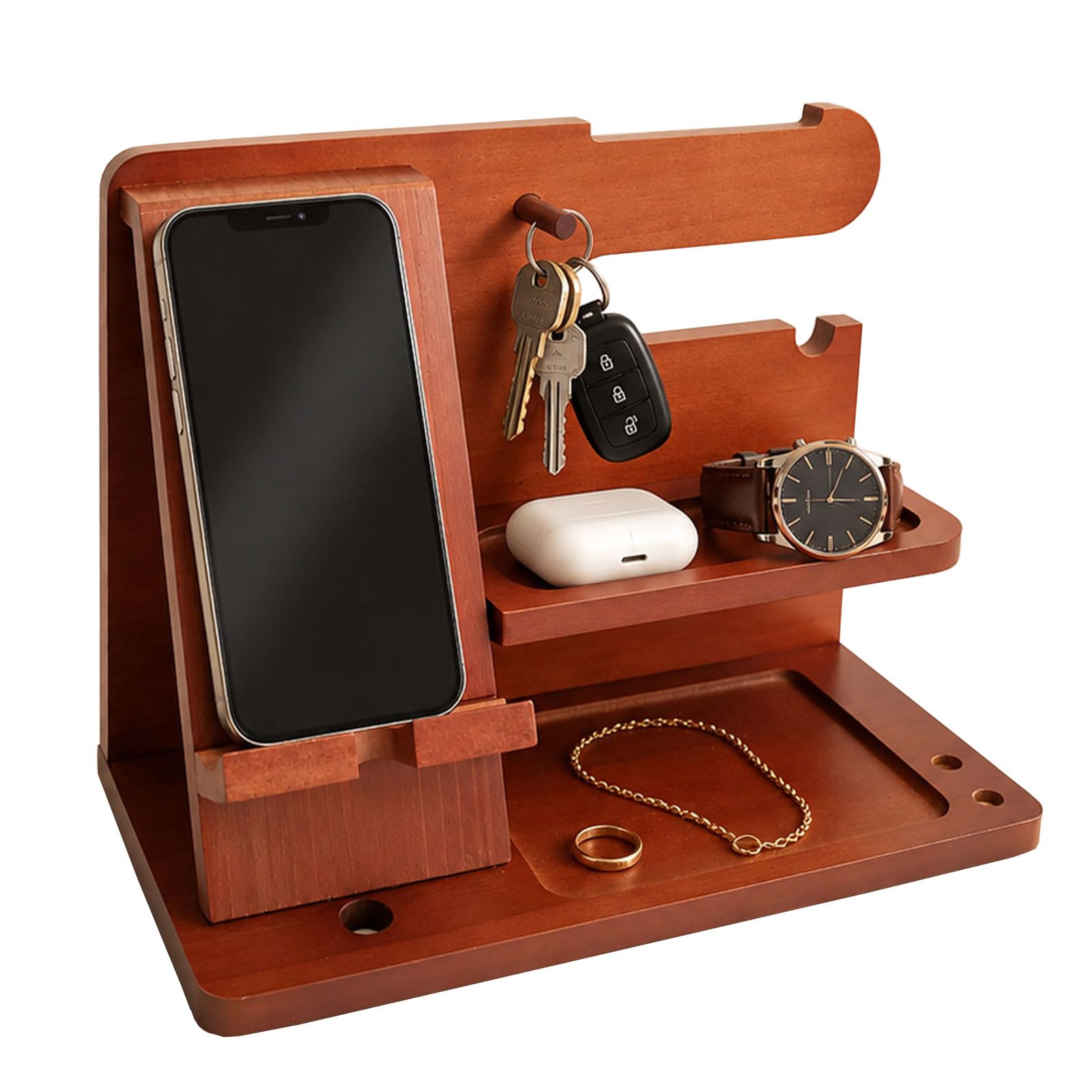 PSKJHN Solid Wood Phone Stand And Key Organiser, Entryway Valet Tray for Watch Wallet Glasses Ring Necklace Earbuds, Desktop Storage Rack for Hallway Bedroom Office Brown,25 * 14 * 17cm