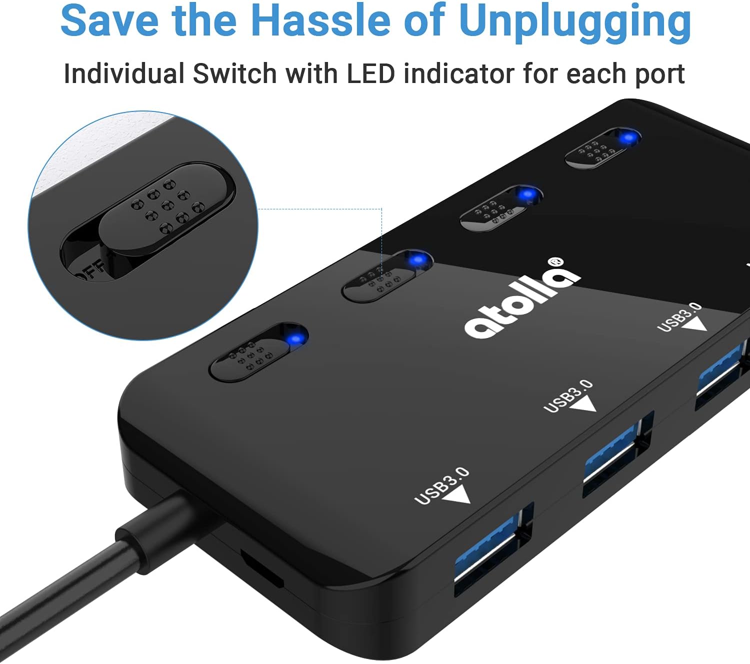 SD Card Reader, atolla USB Hub with SD/Micro SD Card Reader, USB Splitter with 3 USB Ports, 2 Card Slots and Individual LED Power Switches