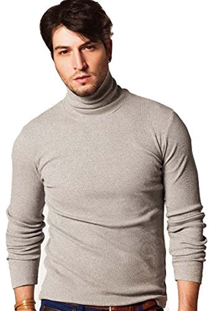 elegance1234 Men's ROLL Neck Soft Quality Cotton Long-Sleeve Tops (Large, Grey) (1251)