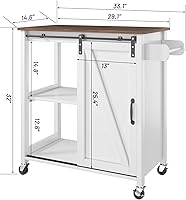 Vista 3 de Carrito de isla de cocina con ruedas con puerta corrediza de granero para espacios pequeños, isla de cocina rodante con almacenamiento, encimera