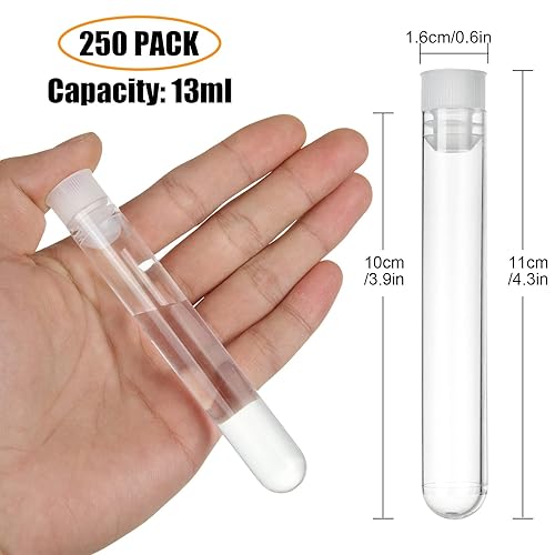 Miniatura 2 de 250 tubos de ensayo con tapas, tubos de ensayo de plástico de 0.630 x 3.937 in con tapas para experimentos científicos, sales de baño,