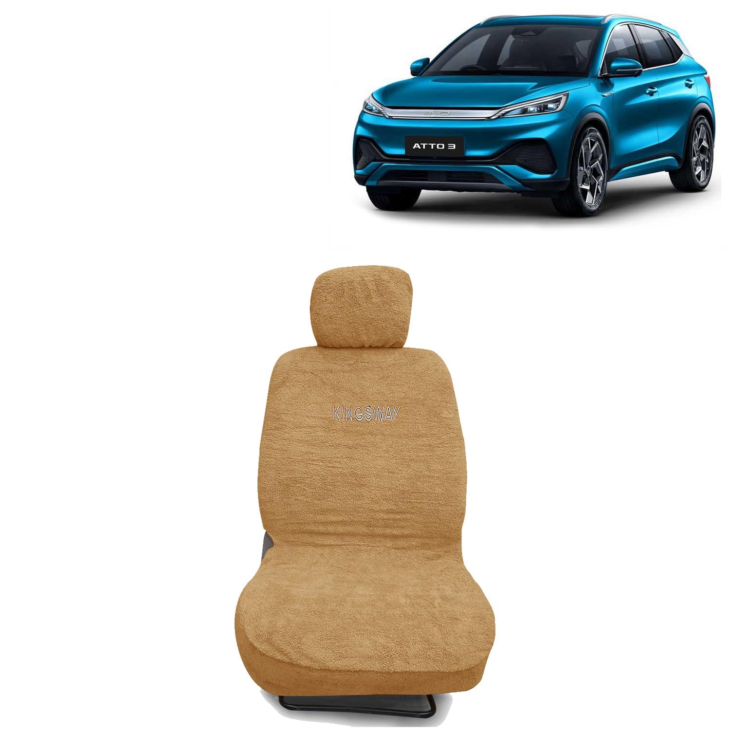 Kingsway® ATTO 3 Seat Cover for (Year 2022 Onwards) All Model, Towel Fabric Car Seat Covers Compatible with BYD ATTO 3, Complete Set (Car Specific Front + Rear Seat Covers), Beige Color