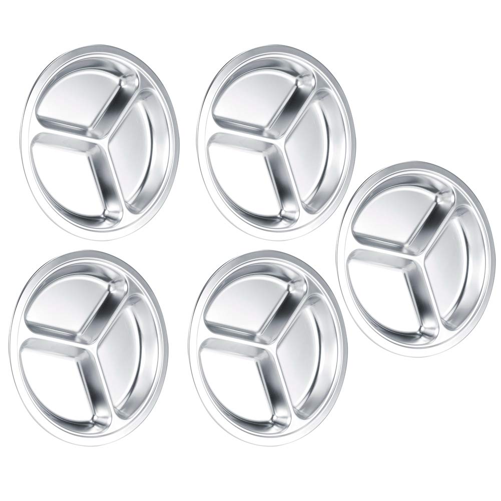 5 assiettes à dîner rondes en acier inoxydable 304 épais, plateau de service pour enfants avec compartiments profonds, vaisselle de qualité alimentaire pour la maison, la maternell (3 cavités)