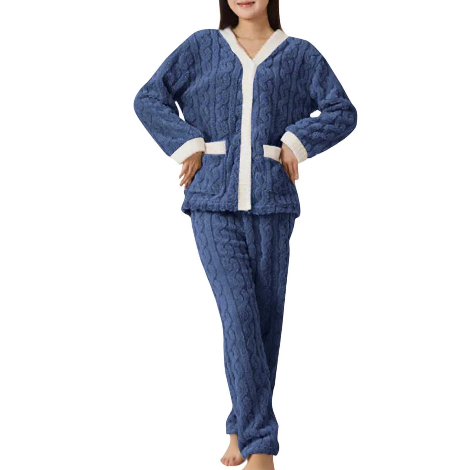 Pyjama long d'hiver en polaire pour femme | Pyjama chaud 2 pièces pour femme, pull et pantalon en peluche pour le quotidien à la maison