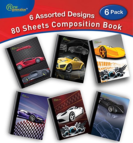 New Generation – Cars - Composition Notebooks, 80 Sheets / 160 Pages Wide Ruled Pages Comp Book, Durable Laminated Covers With Assorted Fashion Eye-Catching Designs, 6 Pack Notebooks #TOP1
