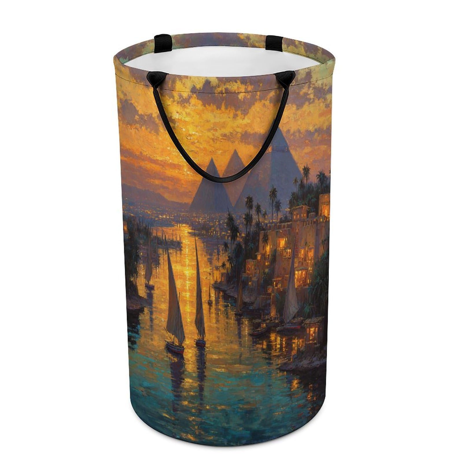 LUYYSKY Colorful Fantasy Egyptian Pyramid Versatile Storage Laundry Basket, Retro Watercolor Sunset Lanscape Tropical Plant Palm Trees Large Bathroom Laundry Hamper With Handle-40 CM Dia, 69 CM High