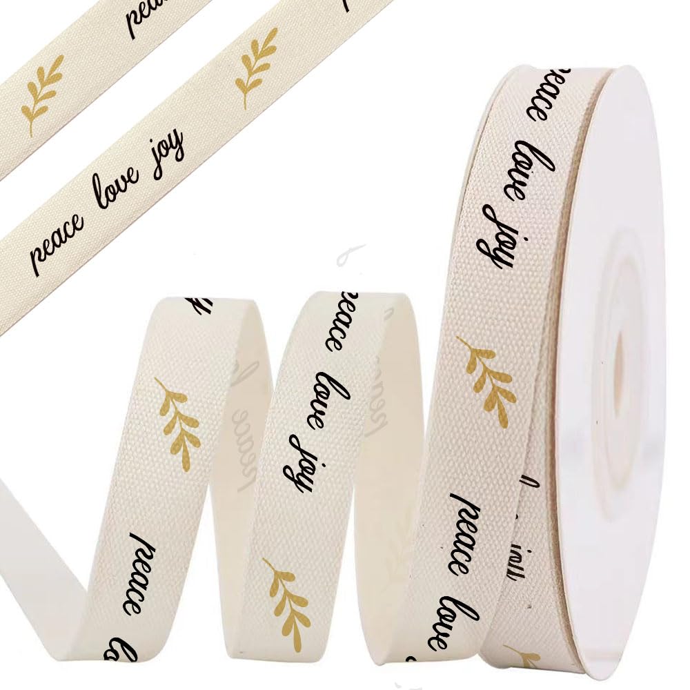 Peace Love Cotton Ribbon, 10 Yards Cream White Ivory Religion Cotton Ribbons Soft Natural Easter Tape Roll Fabric Ribbon for Home Décor Gift Wrapping