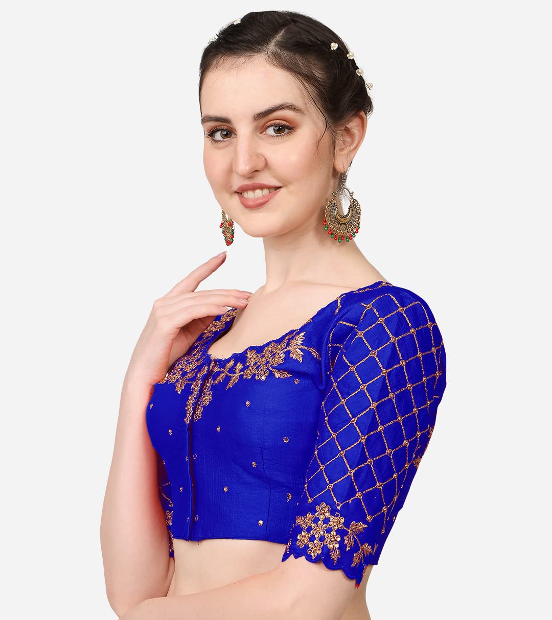 Pujia Mills Women's Embroidery Handwork, Rough Cut Work Stone Work Readymade Blouse (32, Royal Blue)