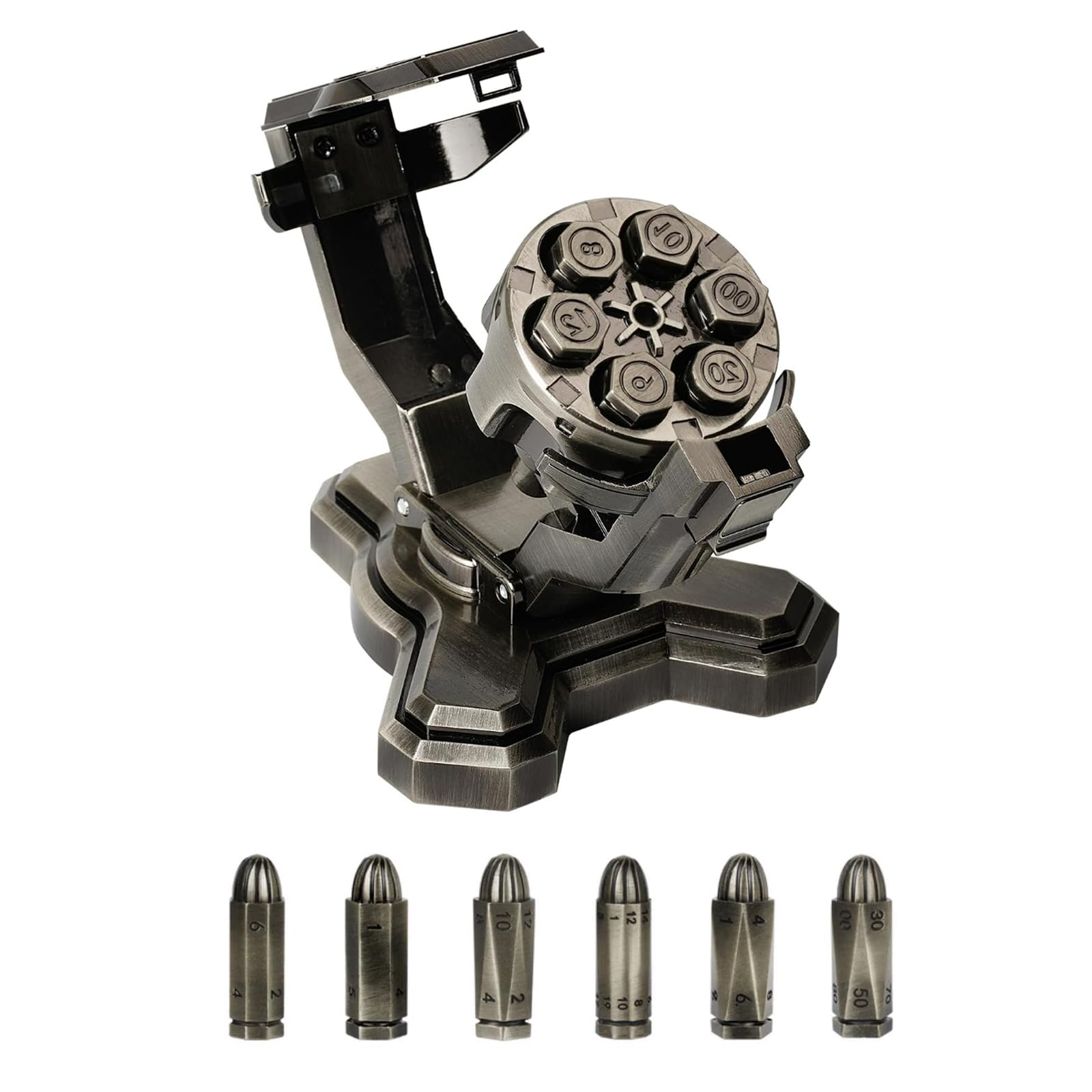 DND Bullet Nest Dice Set with Revolver Cylinder Dice-Spinning Rocker Container with Wand Dice Metal Polyhedral - Holder DND Dice Set for D&D Sci-Fi War Crime Theme Tabletop Games
